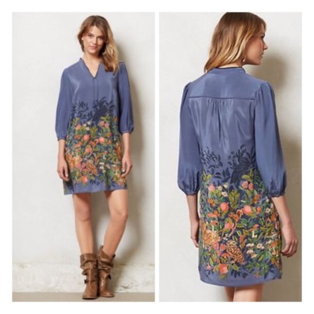 Rare Anthropologie Moulinette Soeurs 100% Silk Fabled Fields Dress, size Small